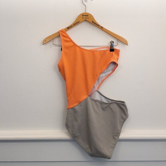 Vibesicily Colorblock One Shoulder Swimsuit Coral Gray Large Ribbed Cutout - Picture 2 of 4